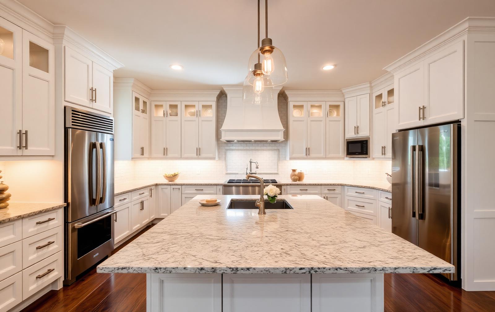 Remodeled Carolina kitchen with a large granite island and white cabinetry