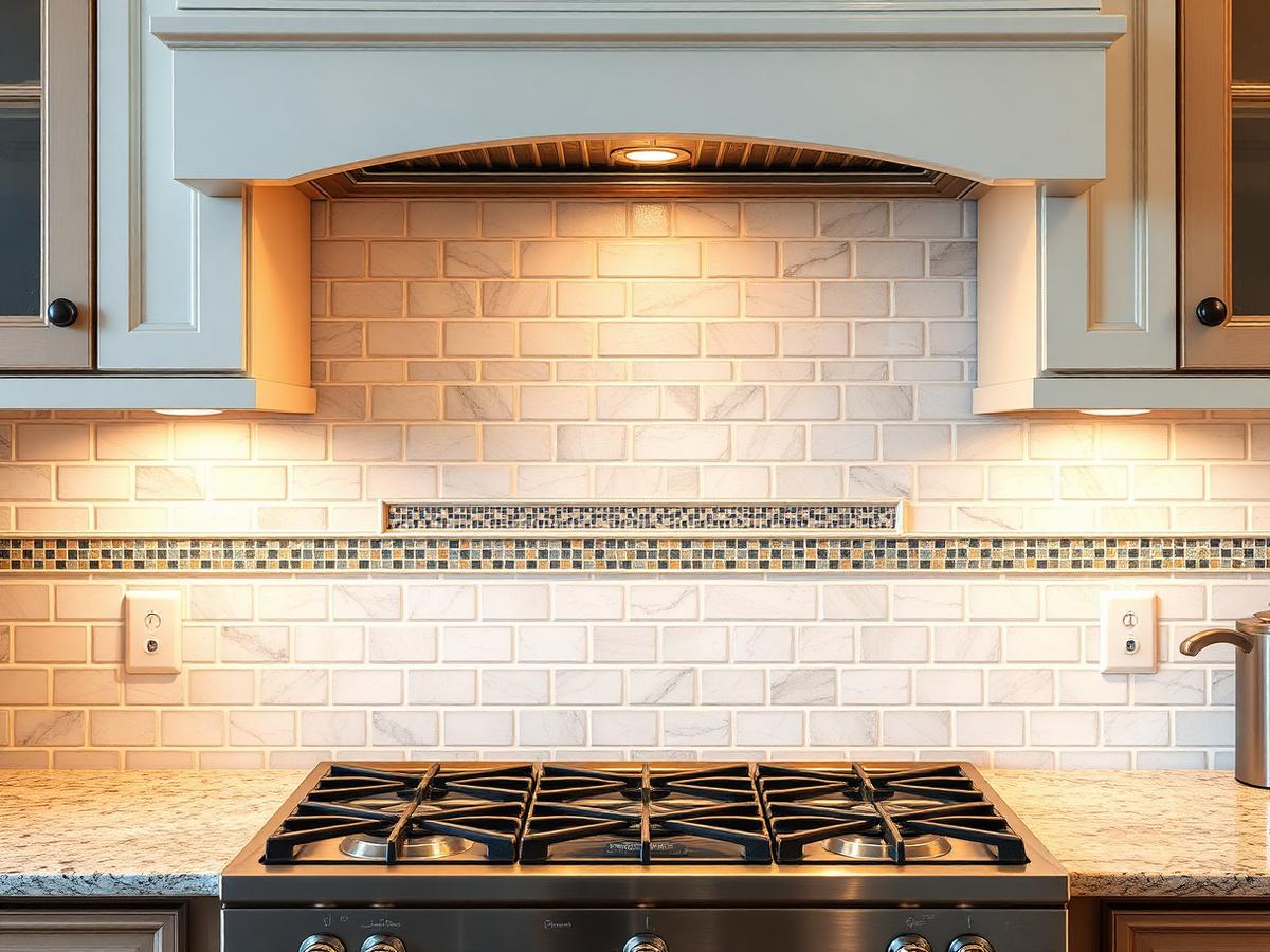 Kitchen tile backsplash with mosaic accent band above a granite countertop
