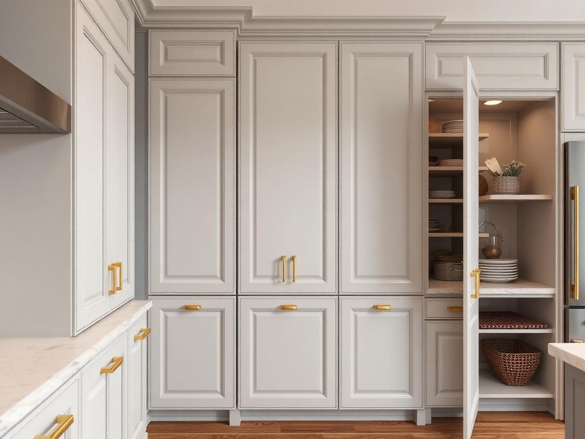 Custom painted kitchen cabinetry with brass hardware and open pantry storage
