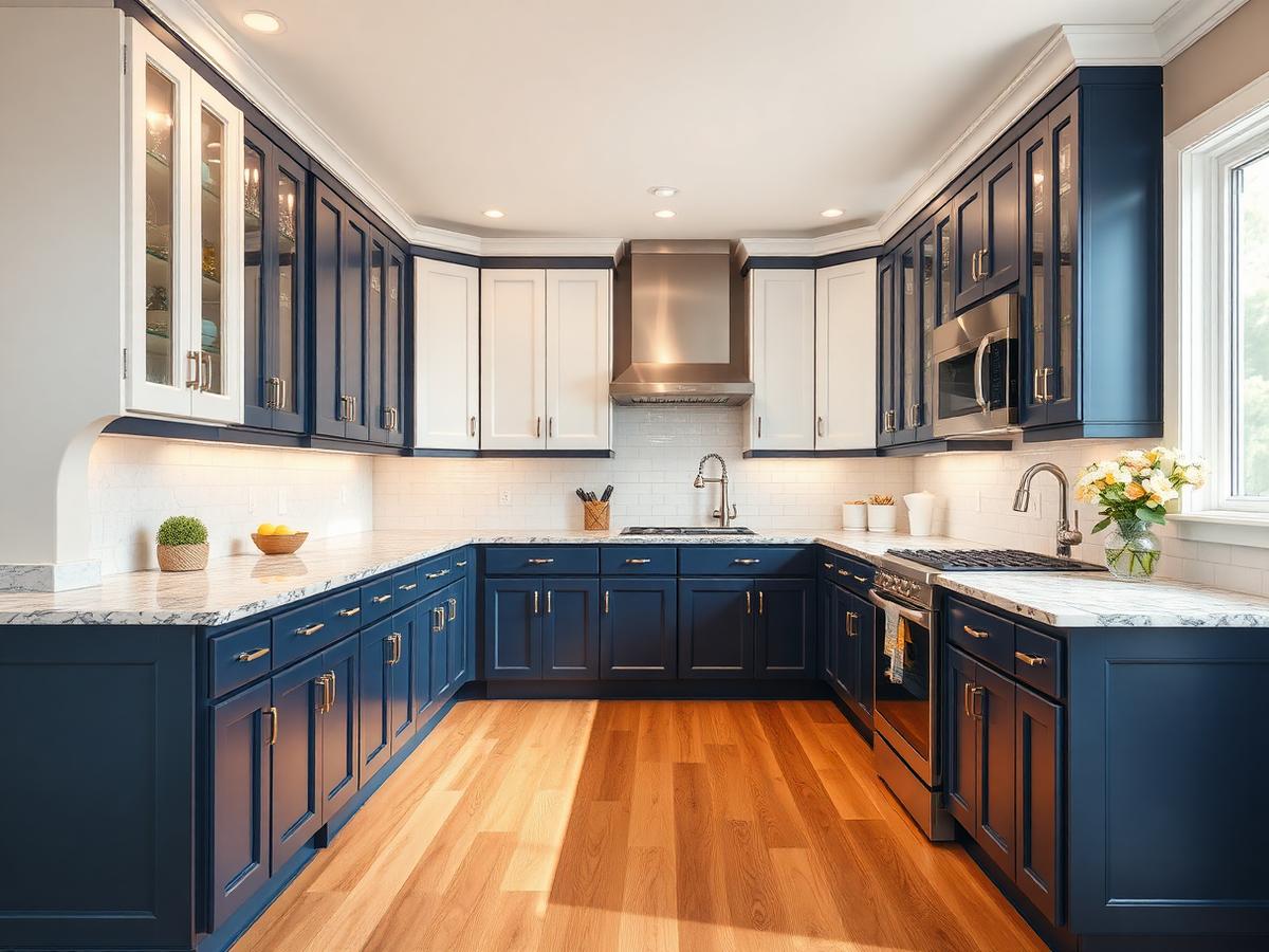 Remodeled kitchen with navy and white cabinetry, granite counters, and hardwood flooring